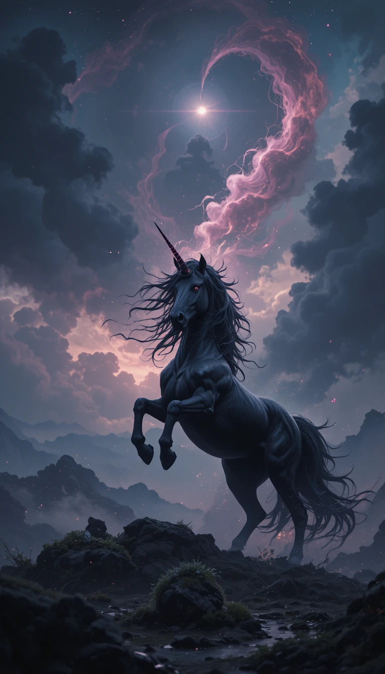 Schwarzes Einhorn, das sich unter einem dunklen mitternächtlichen Fantasiehimmel aufbäumt