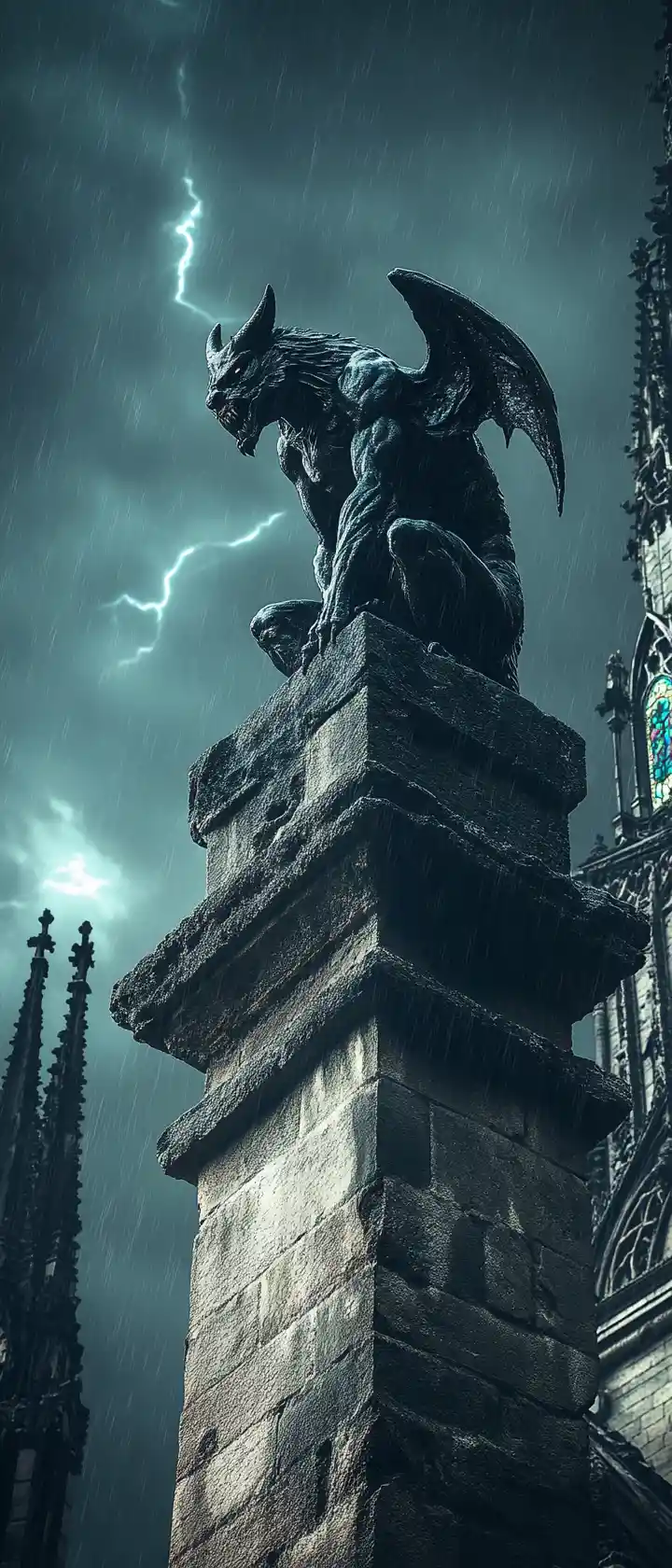 Gárgula antiga em catedral gótica em ruínas sob a tempestade