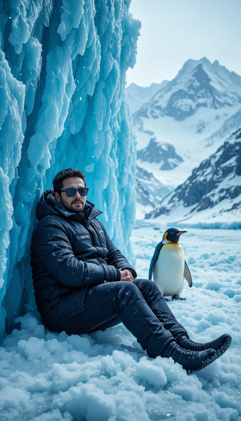 Homme se Relaxant Contre un Mur de Glace Bleu à Côté d’un Manchot Royal