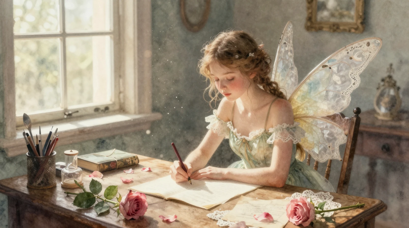 Fairy Writing At A Rose Covered Desk In Sunlit Room