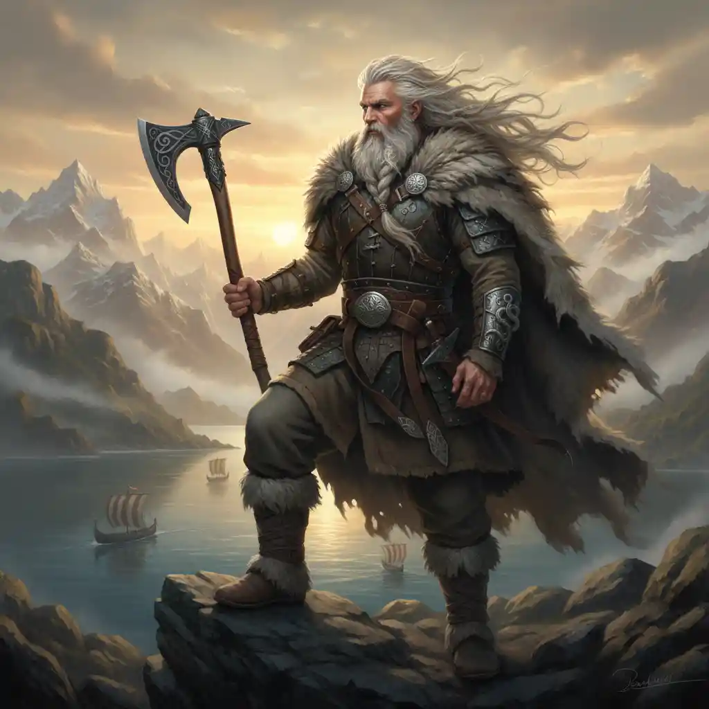 Guerrero vikingo contemplando lejanos fiordos y montañas