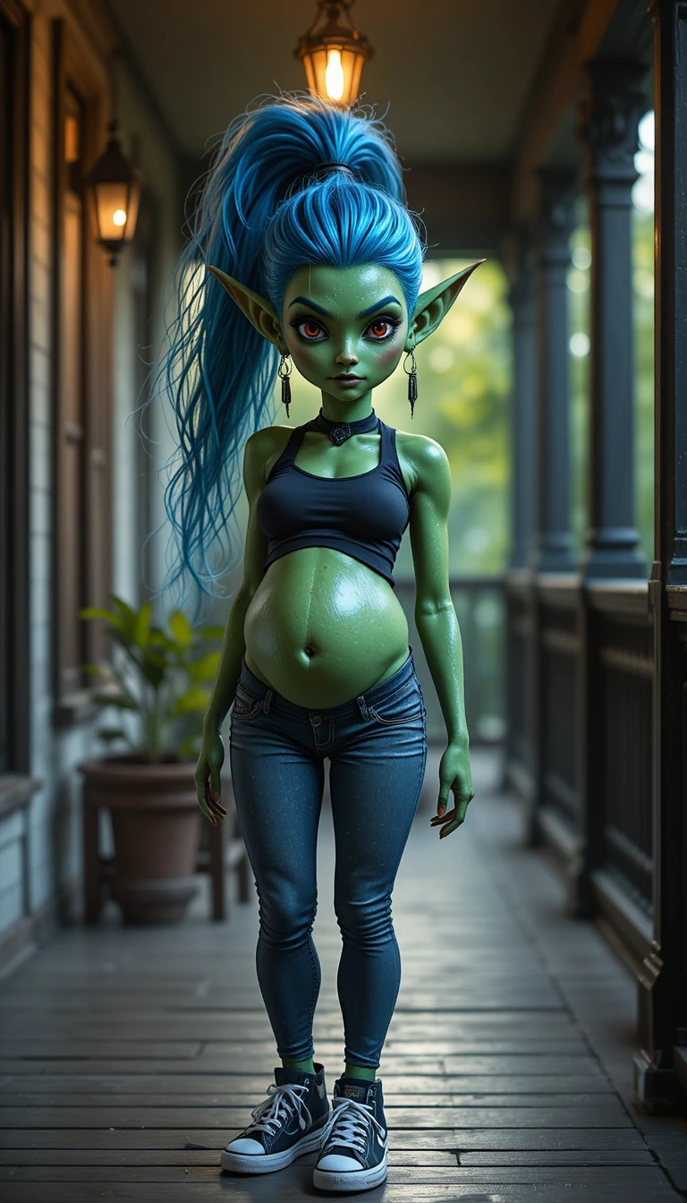 Playful pregnant goblin woman on a porch at night