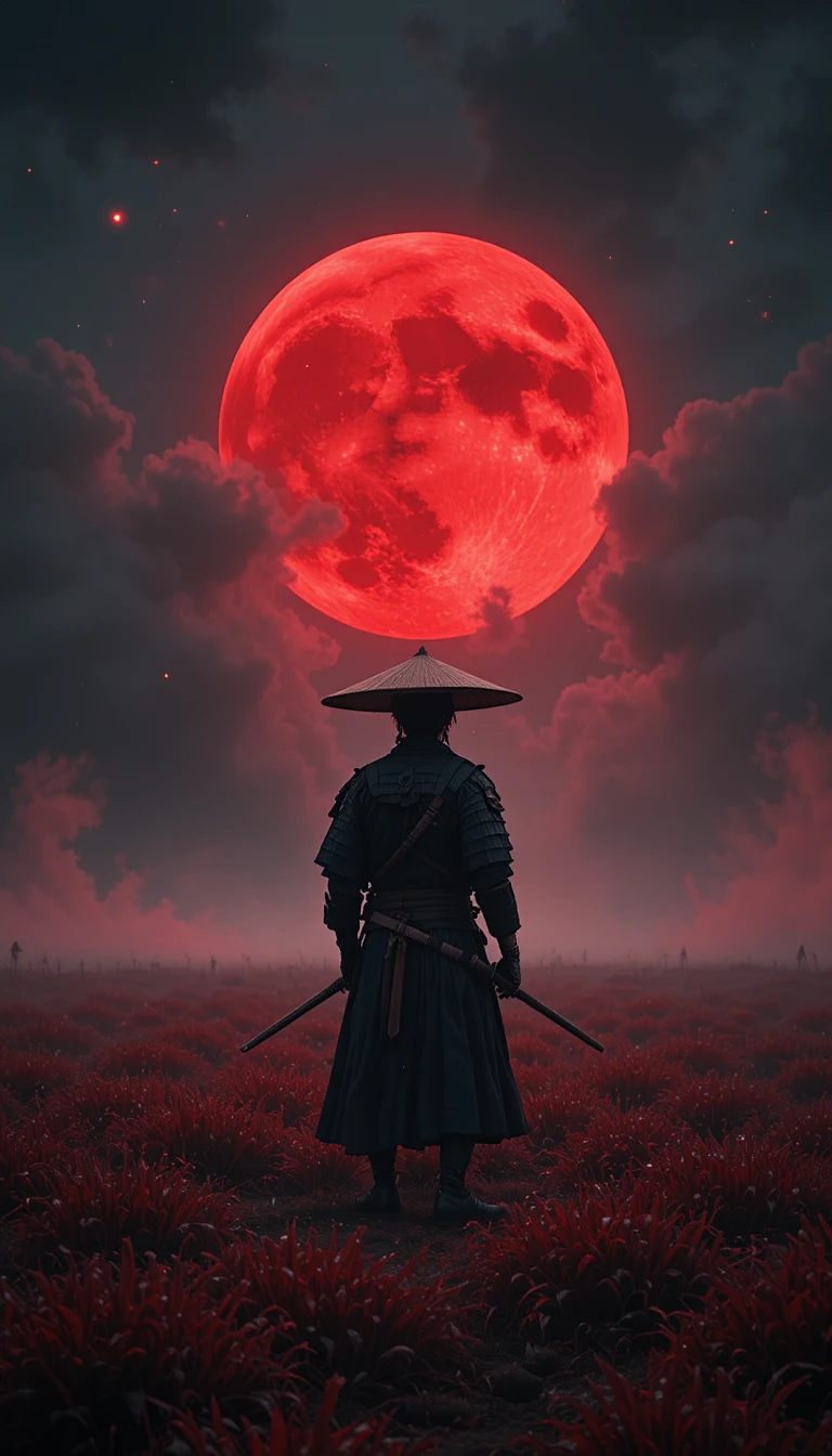 Samurai esquelético solitário sob uma lua gigantesca vermelho-sangue