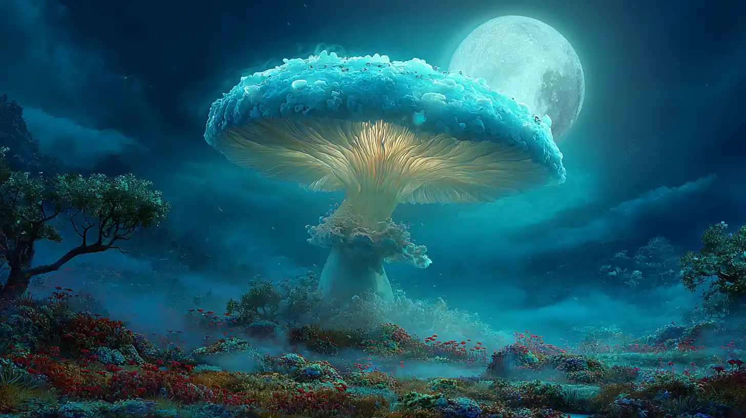 Cogumelo gigante luminoso em uma floresta enevoada ao luar