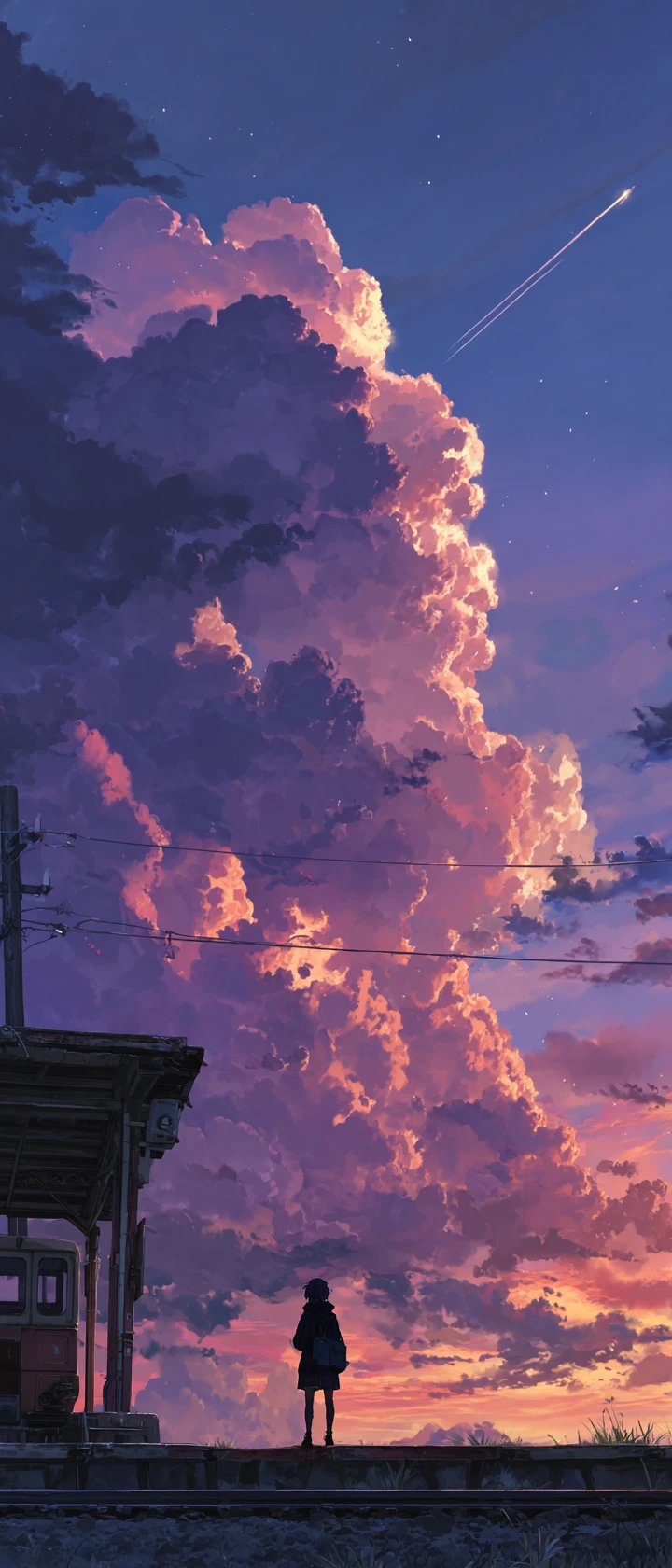 Lone figure on rural train platform under towering sunset clouds