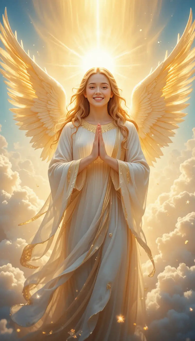 Anjo radiante de alegria com asas douradas e brancas brilhantes