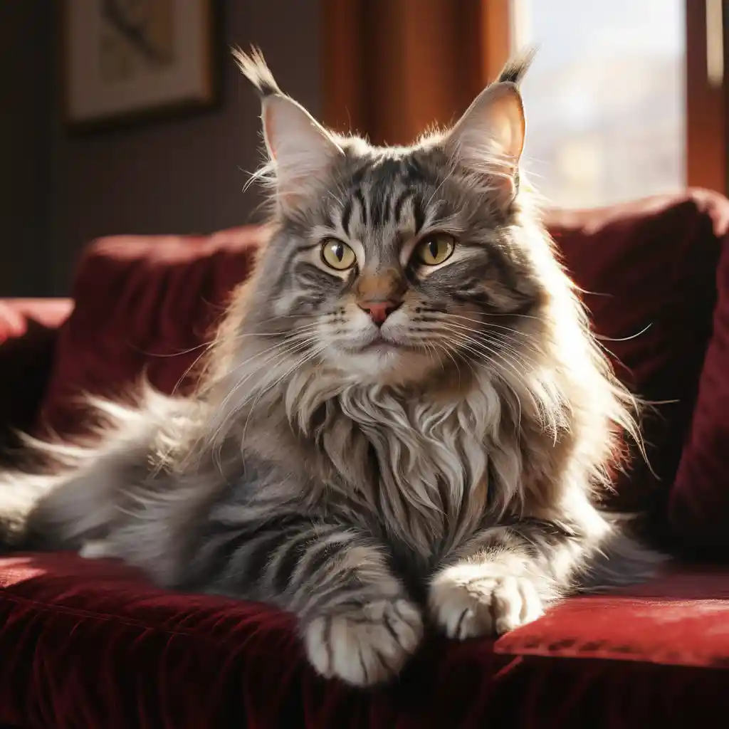 Affettuoso gatto Maine Coon su un divano rosso illuminato dal sole