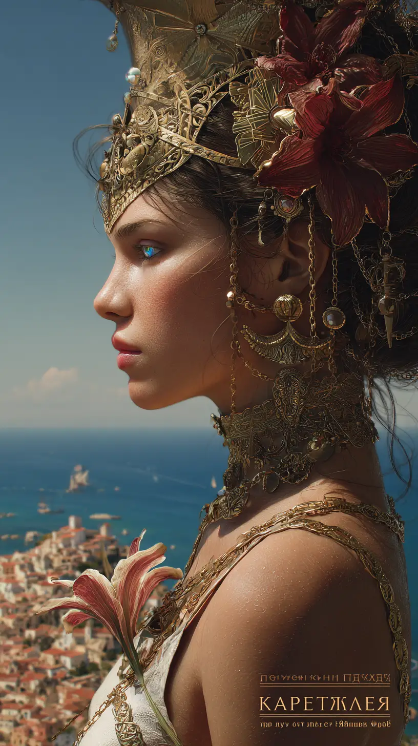 Carthaginian woman in headdress by the Mediterranean sea
