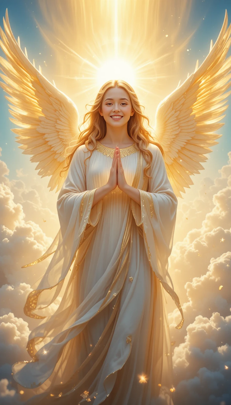 Anjo radiante de alegria com asas douradas e brancas brilhantes