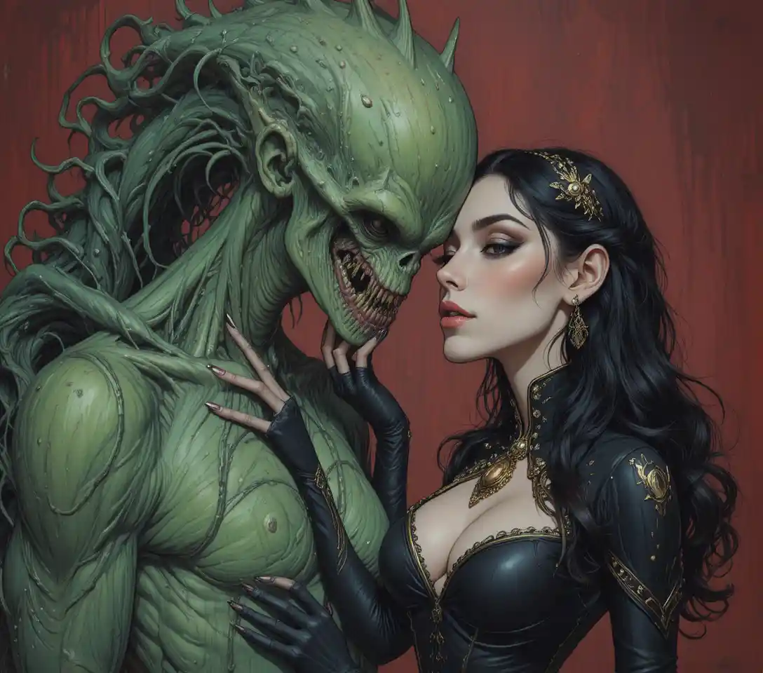 Fantasy woman embraced by monstrous tentacled creature
