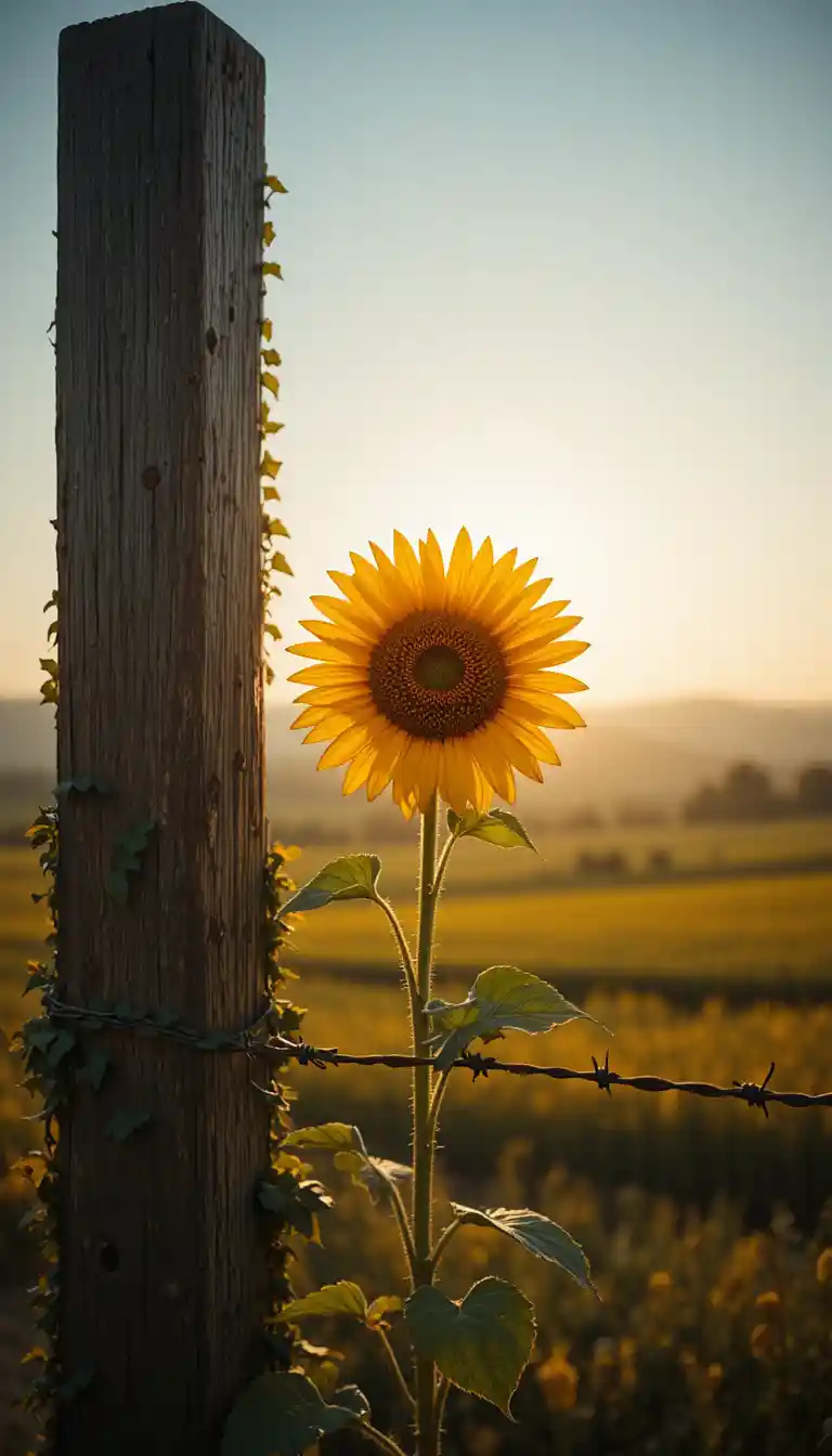 Girasole Accanto a Recinto di Legno nella Calda Luce della Golden Hour