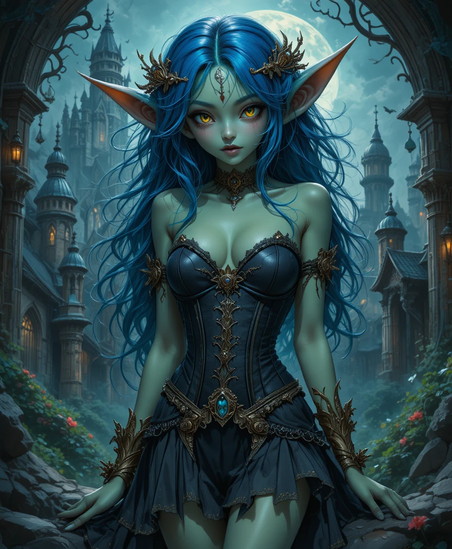 Garota goblin de anime com espartilho gótico diante de castelo de fantasia sombria