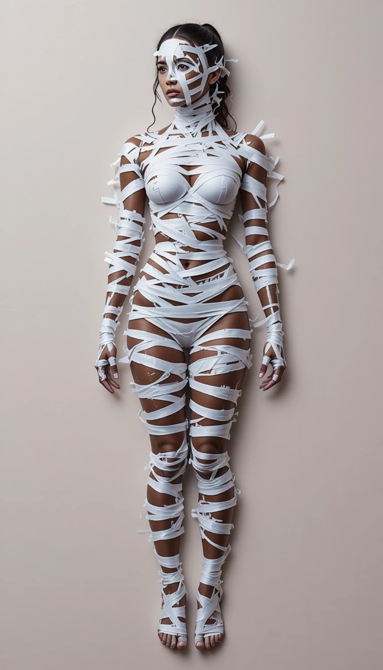 Giovane donna avvolta in body art con nastro bianco in posa