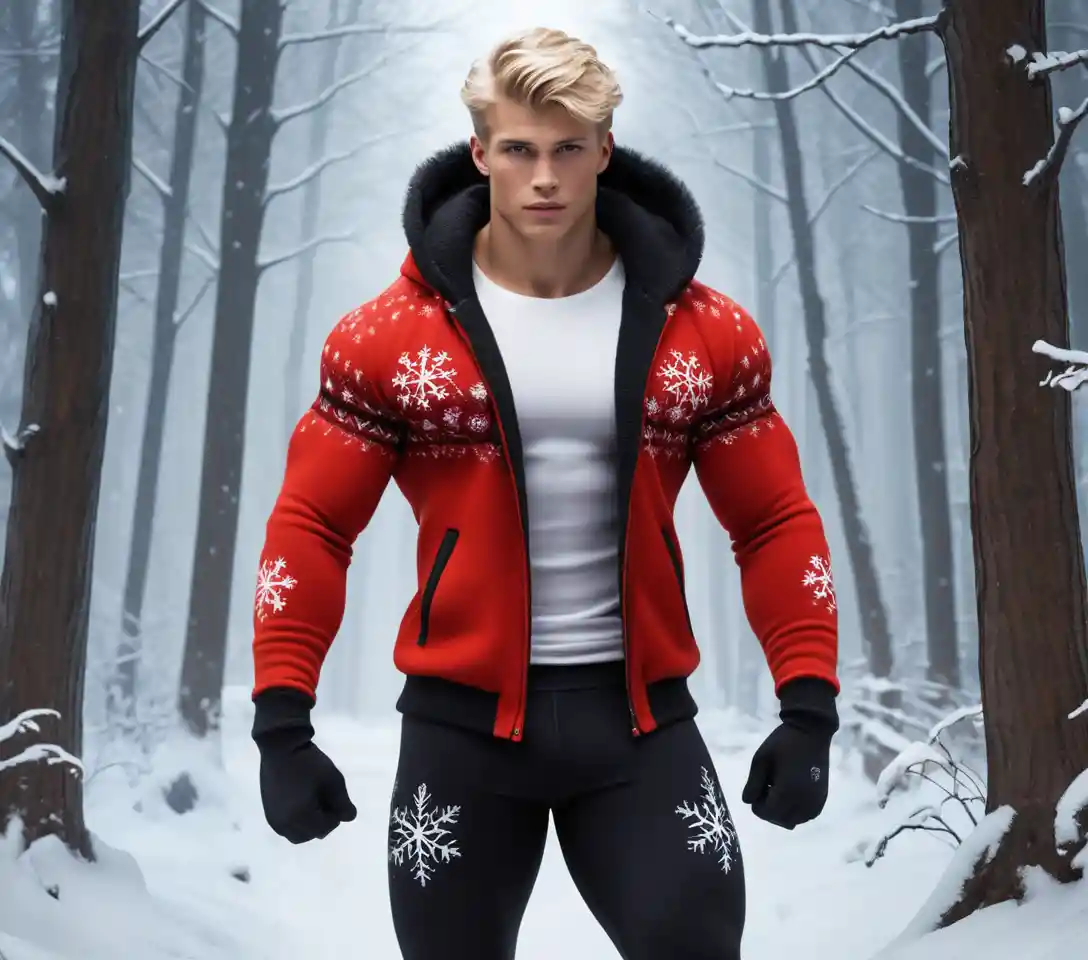 Giovane biondo in leggings in pile che cammina in una foresta invernale
