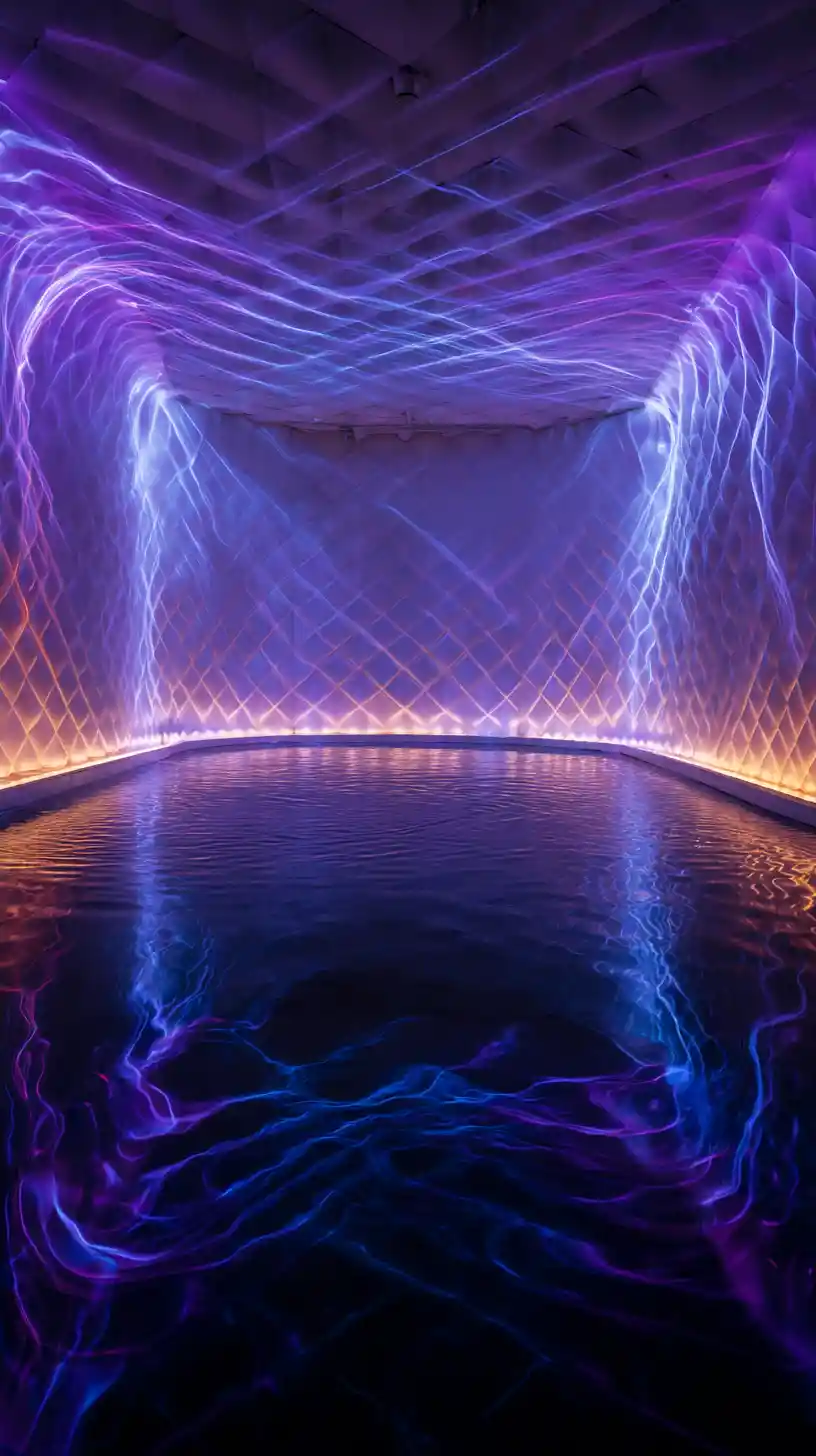 Surreal porcelain pod interior with glowing sound waves