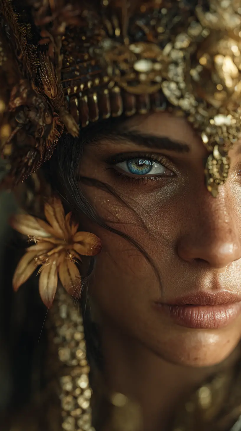 Woman in Carthaginian headdress by the Mediterranean sea
