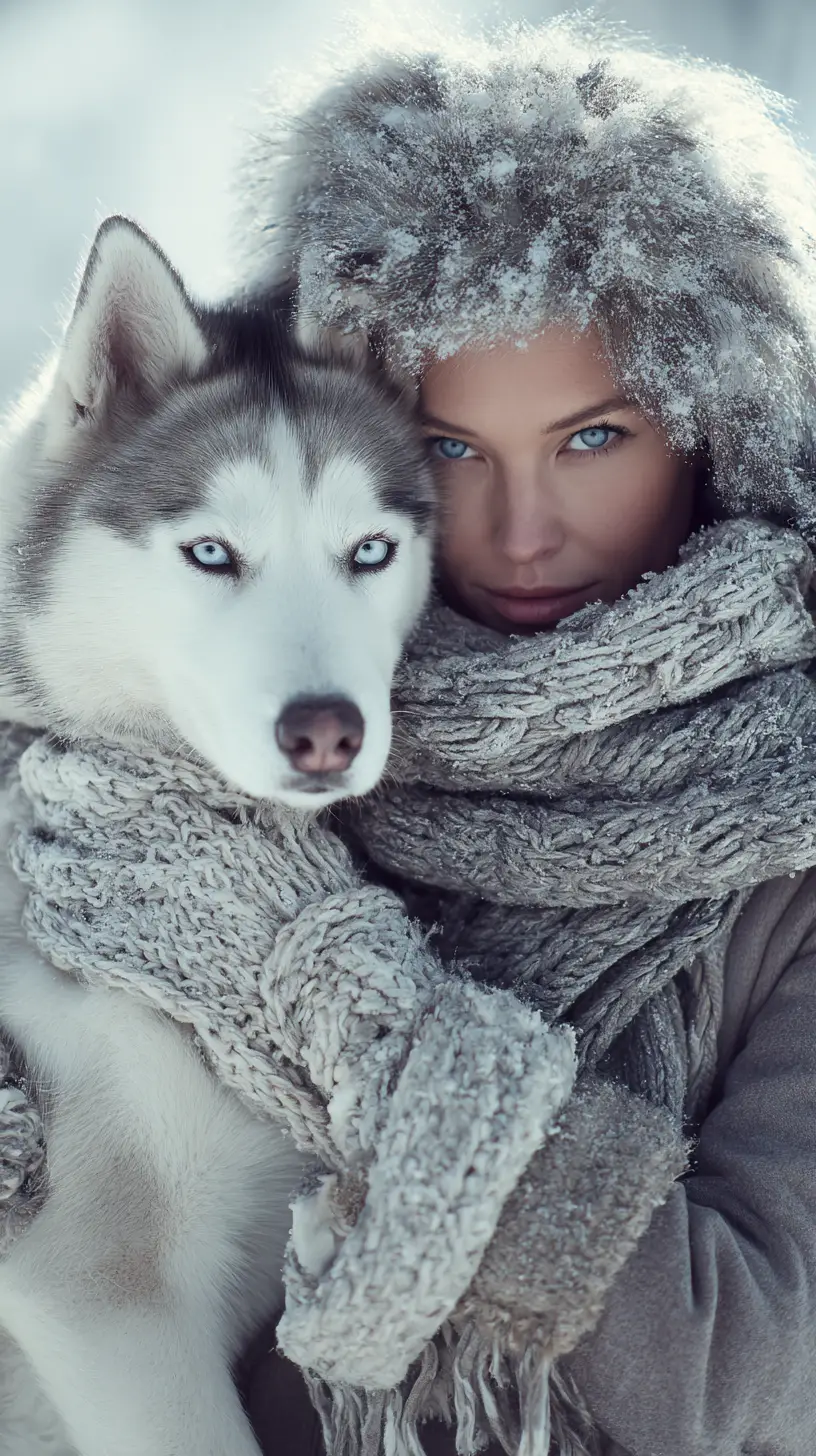 Femme élégante promenant son husky un matin d’hiver