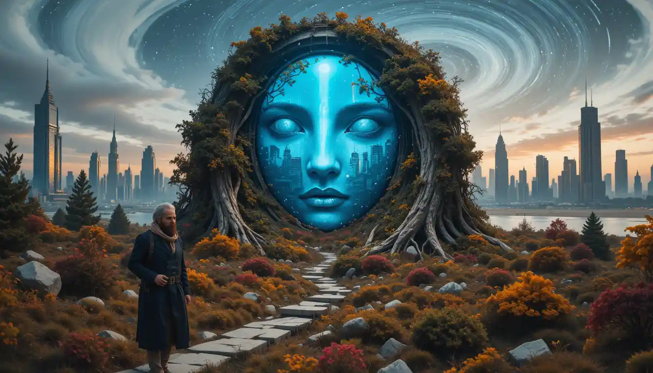 Lone survivalist woman walking through ruined futuristic city