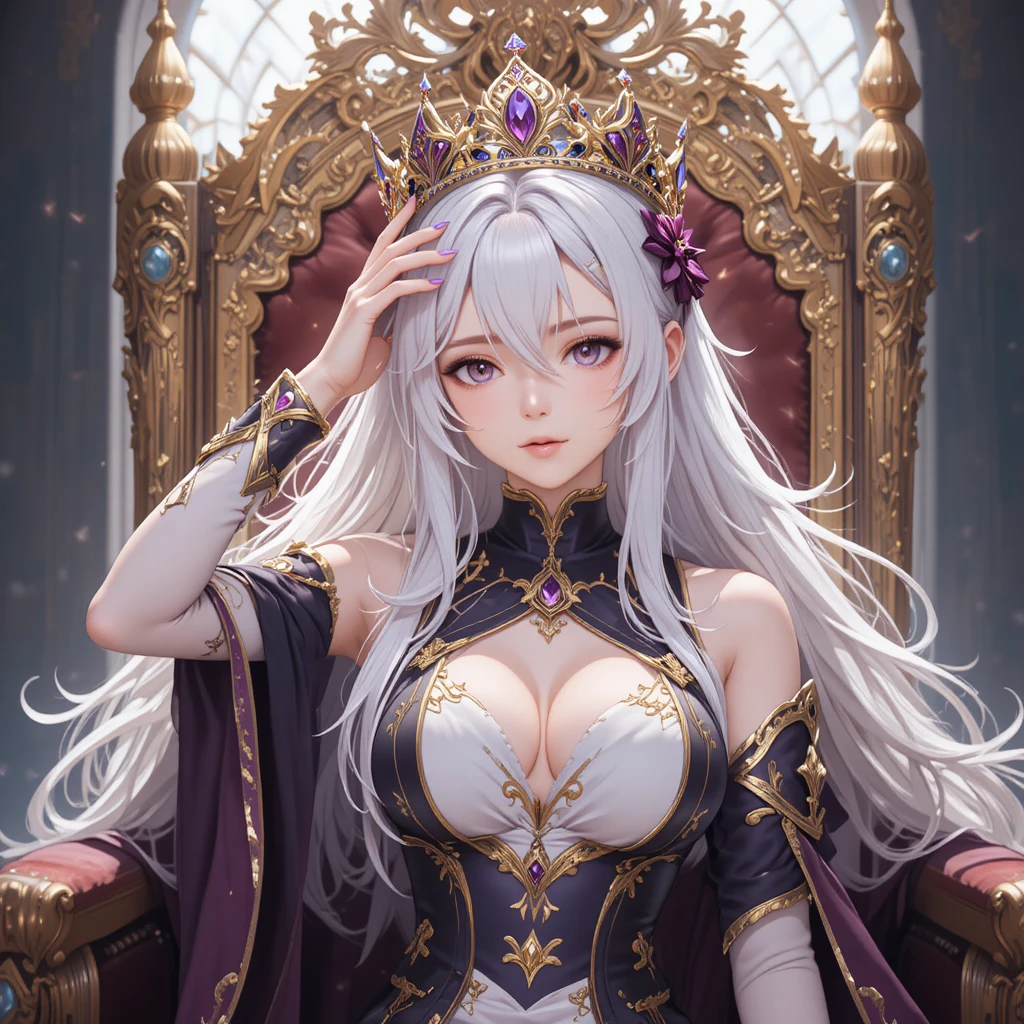Garota de anime de cabelos brancos em um trono real segurando uma coroa