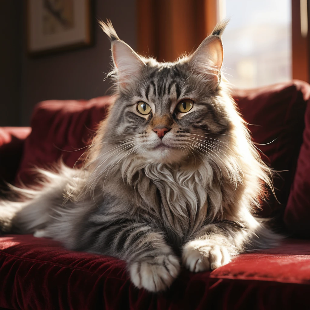 Gato Maine Coon carinhoso em um sofá vermelho banhado de sol