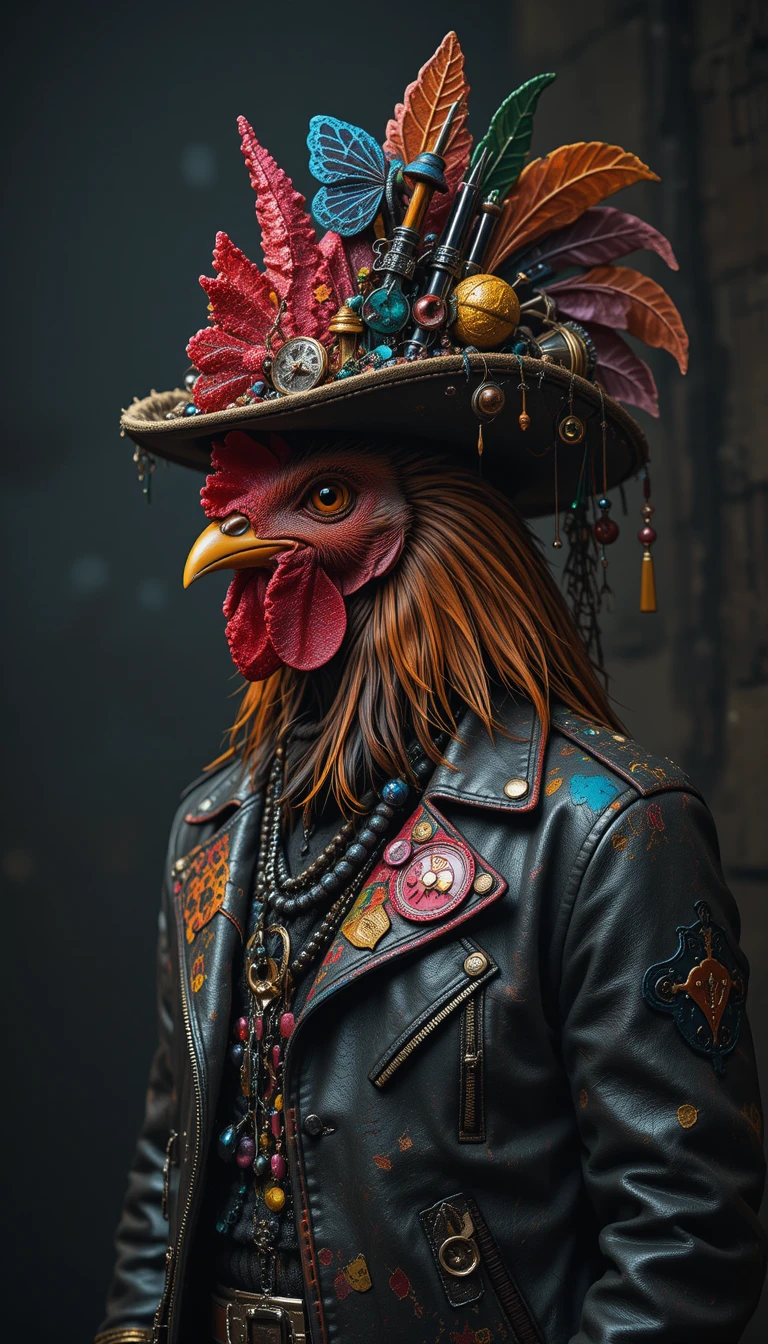 Colorful rock and roll chicken in jacket and dangling hat