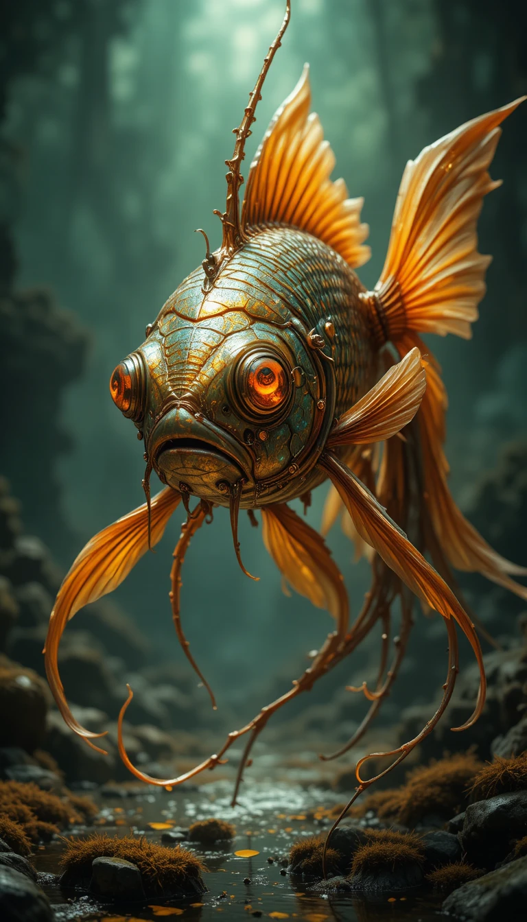 Peixe-dourado surreal de fantasia sombria com olhos hipnóticos brilhantes