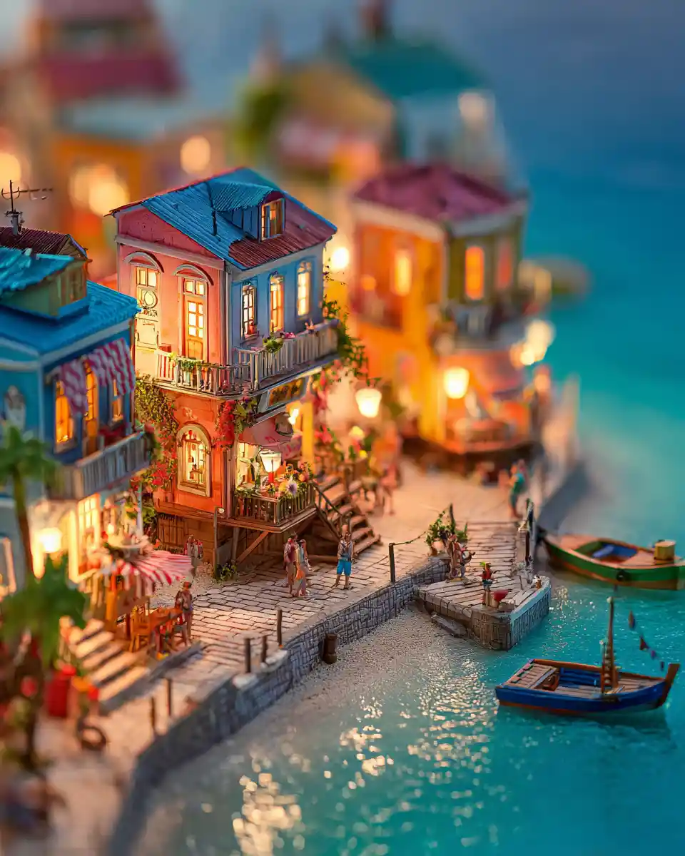 Città resort di spiaggia tropicale al tramonto con vista tilt‑shift