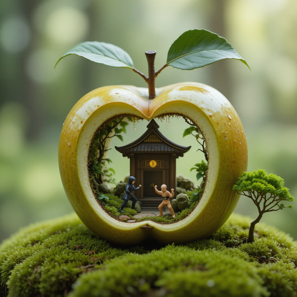 Minuscules guerriers ninjas dans un luxuriant monde de fantaisie miniature au cœur d’une pomme