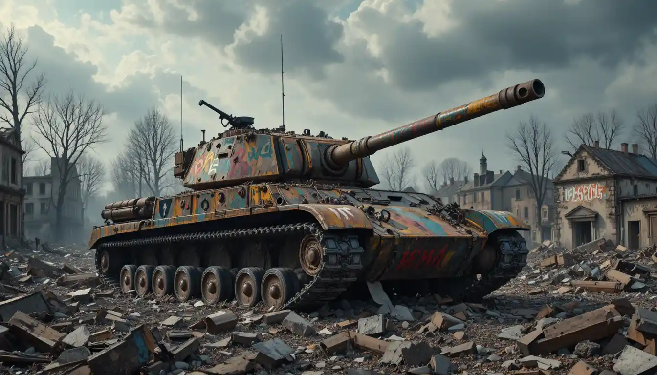 Tanque militar enferrujado em ruínas de guerra urbana devastadas
