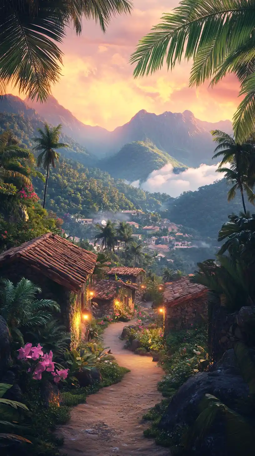 Sunset mountain village with stone houses and palm trees
