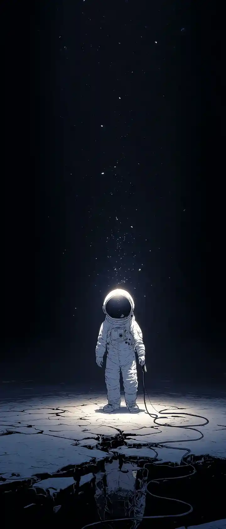 Solitary astronaut drifting above a fragile cracked Earth