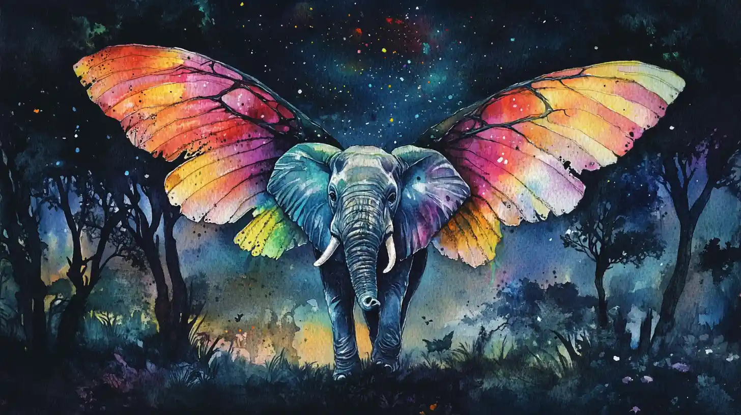 Winged elephant in a dreamy watercolor night forest
