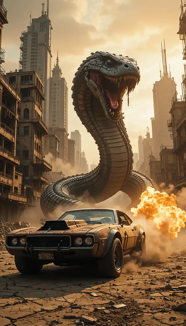 Voiture blindée fonçant à travers une ville apocalyptique en ruines