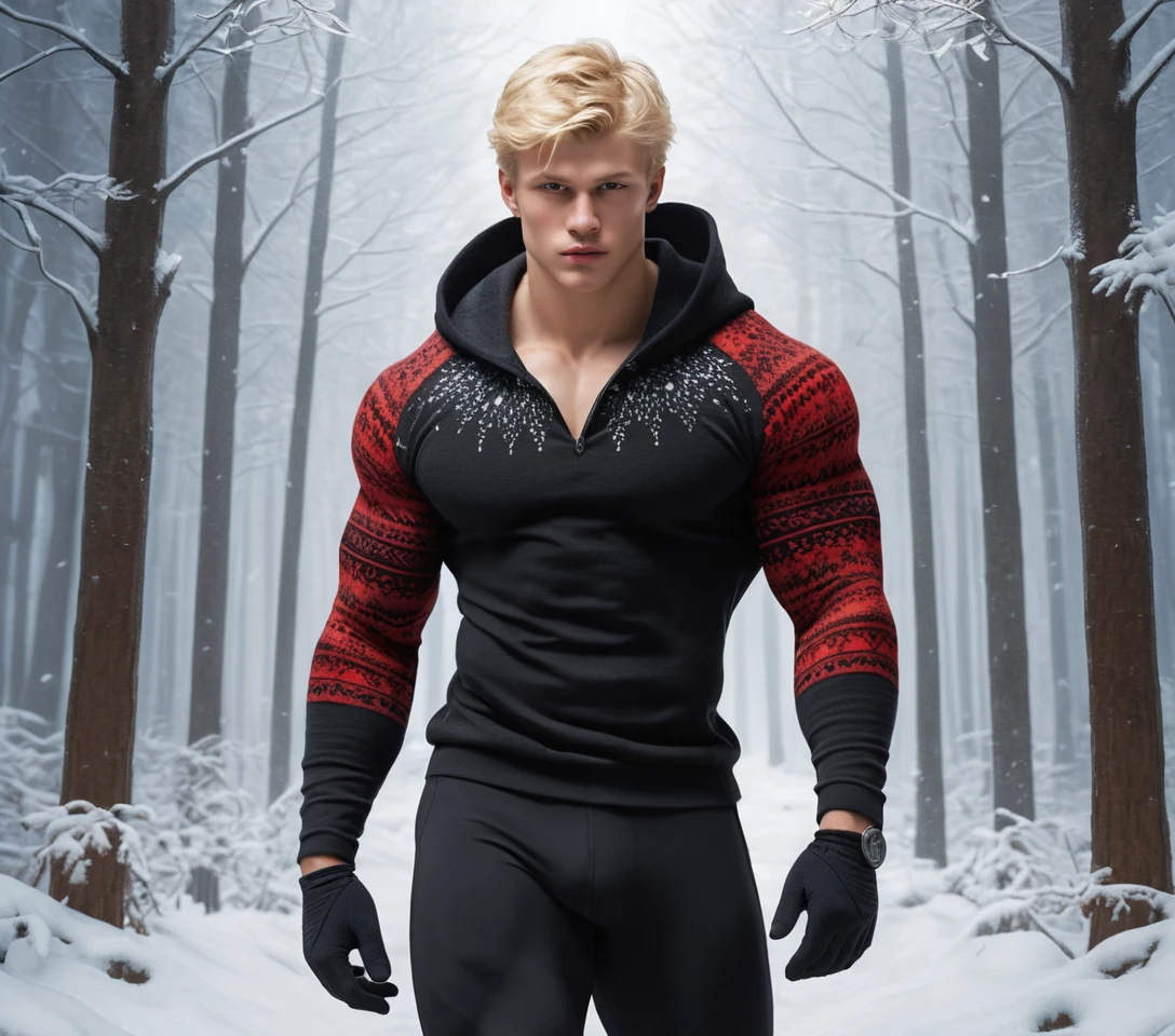 Blonder Teenager im Fleece-Leggings spaziert durch Winterwald