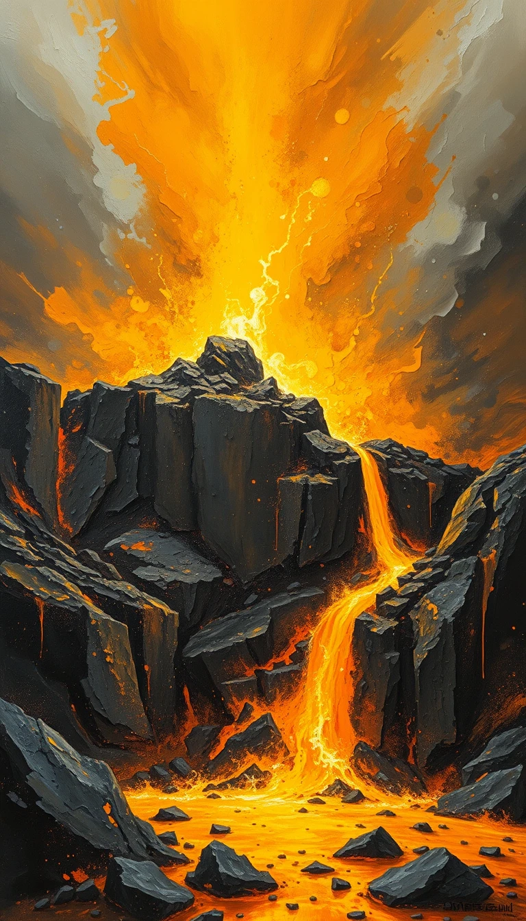 Dramatic yellow stone volcano with erupting lava and fire