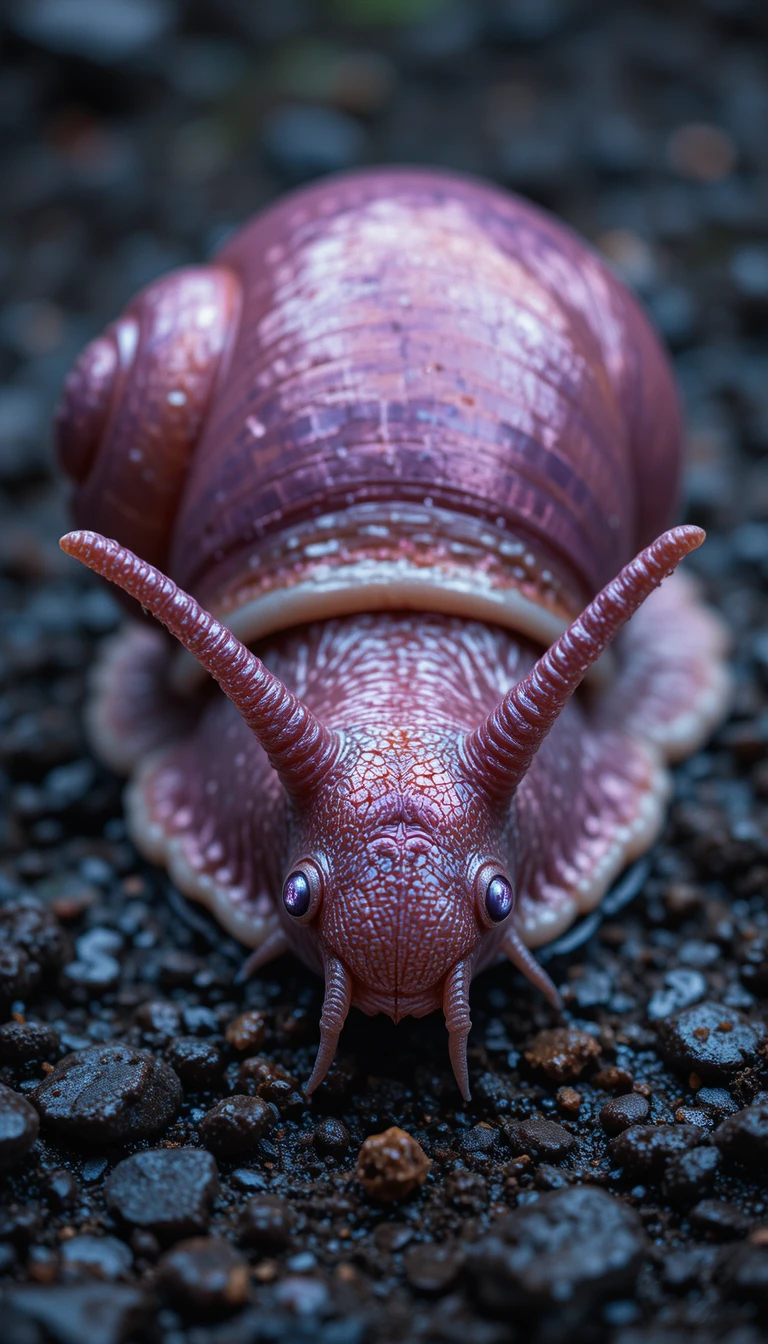 Metallisch pinke Schnecke mit großen violetten Augen auf nassem Kies