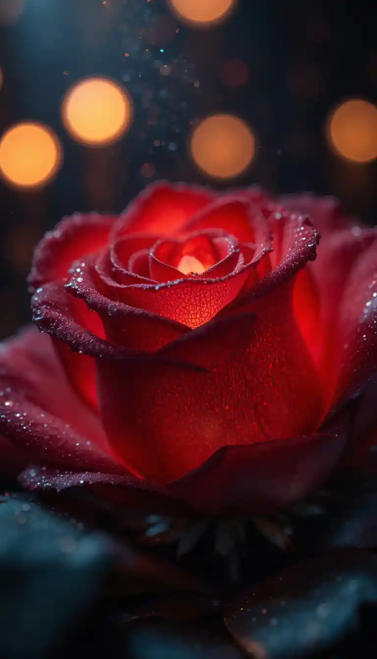 Nahaufnahme einer leuchtenden roten Rose mit funkelnden Tautropfen