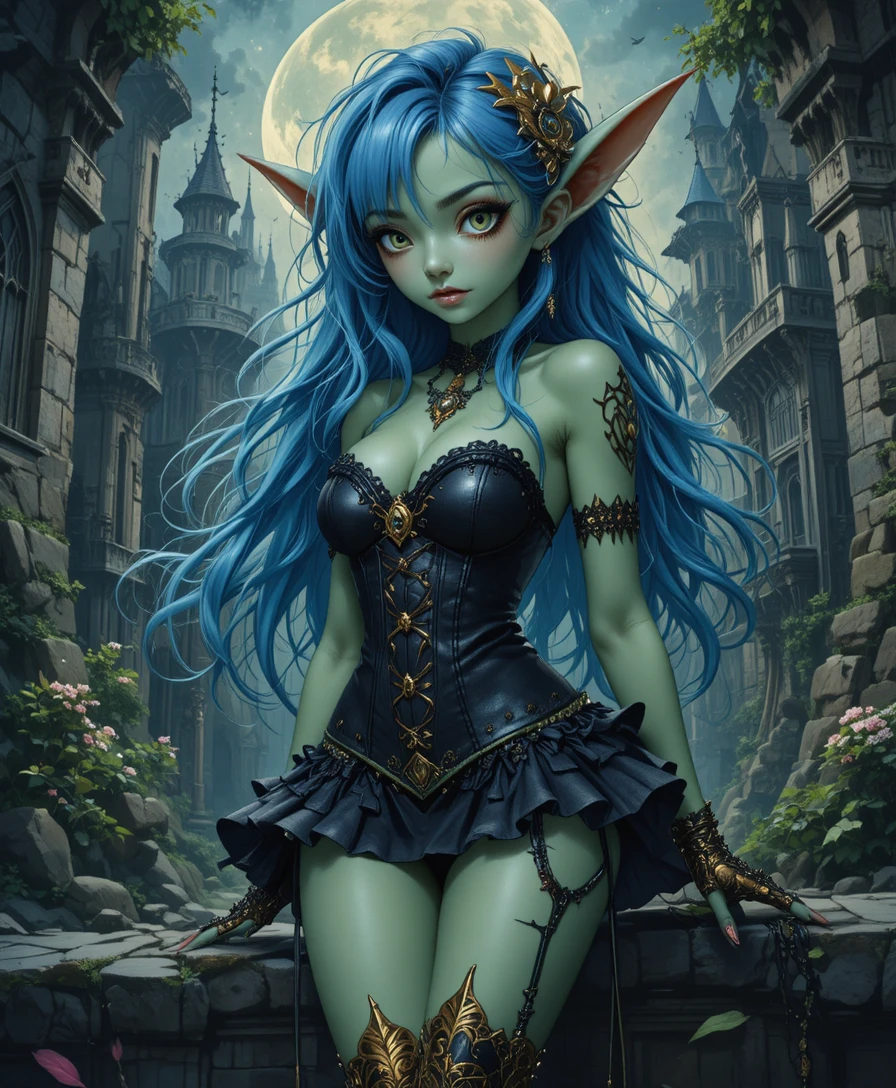 Fille gobeline en corset gothique devant un château de fantasy sombre