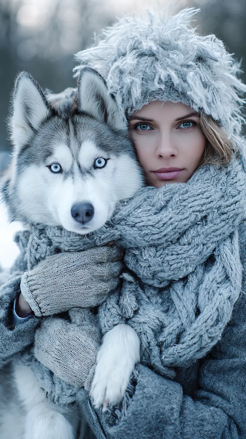 Femme élégante promenant son husky par un froid matin d’hiver