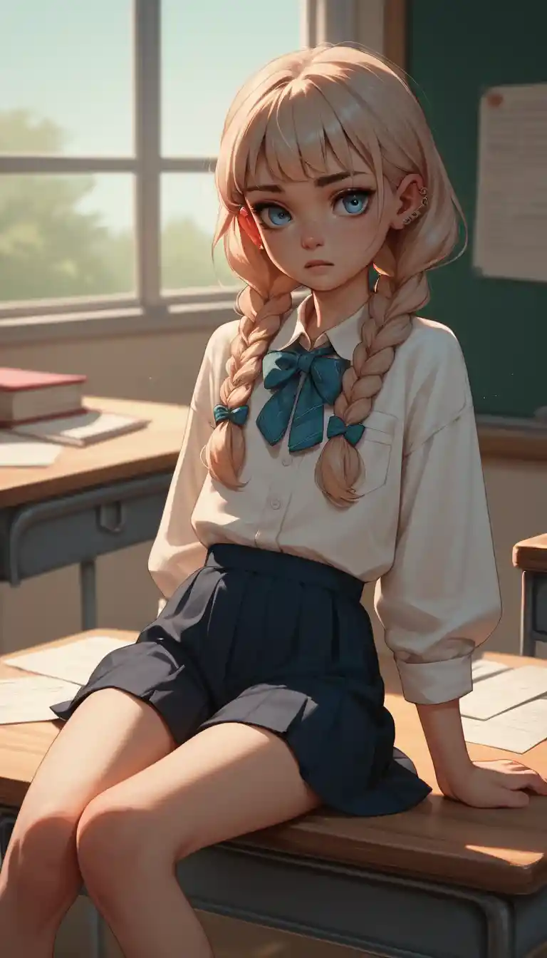 Jeune élève menue assise sur un bureau de classe