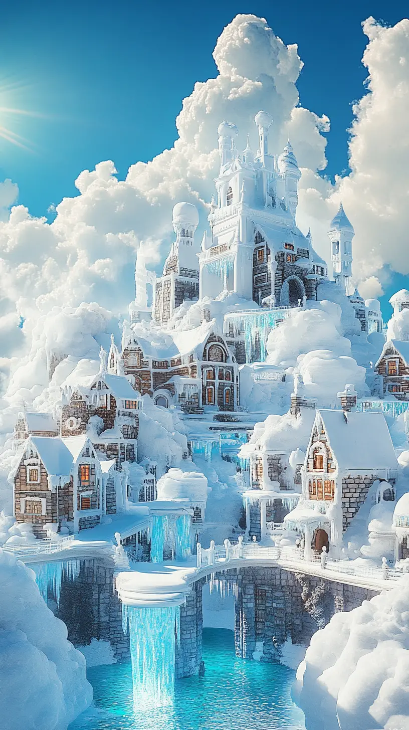 Fantasie-Schnee- und Eisstadt unter einem bewölkten blauen Himmel
