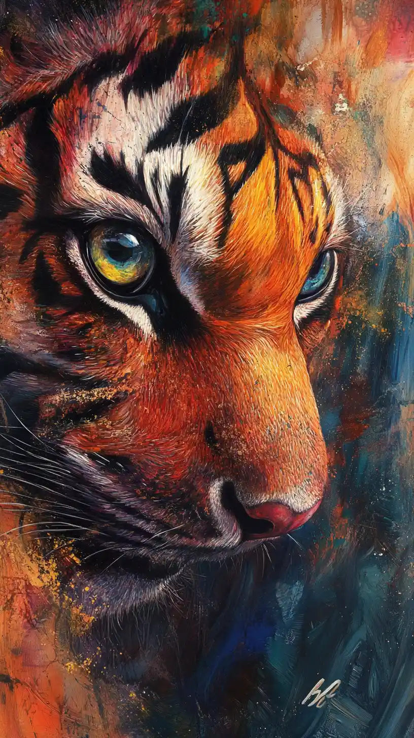 Rostro de tigre surreal en técnica mixta con ojos coloridos e hipnóticos