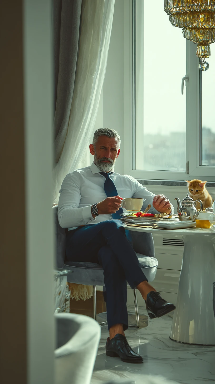 Piloto de avião tomando café da manhã com gatinho brincalhão na cozinha