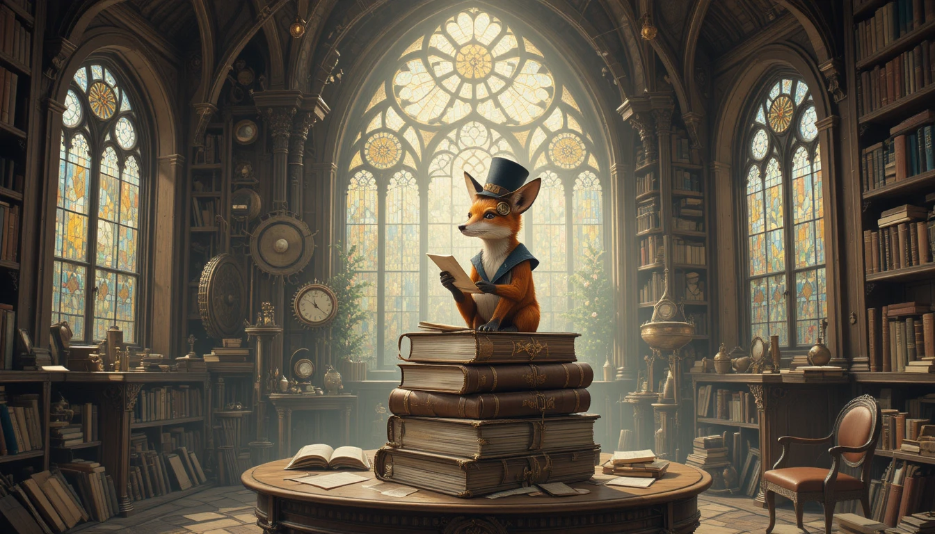 Biblioteca Steampunk Fantasiosa com Raposa Lendo uma Carta de Amor