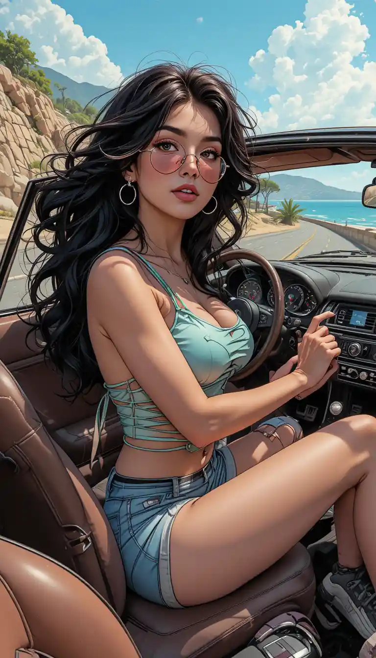 Dark haired woman driving a cabriolet on coastal road