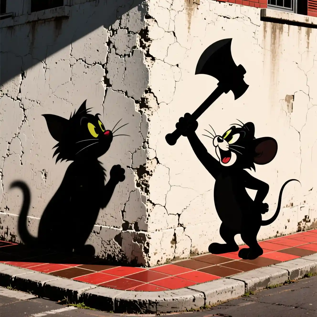 Sombras de gato e rato de desenho animado em uma esquina divertida