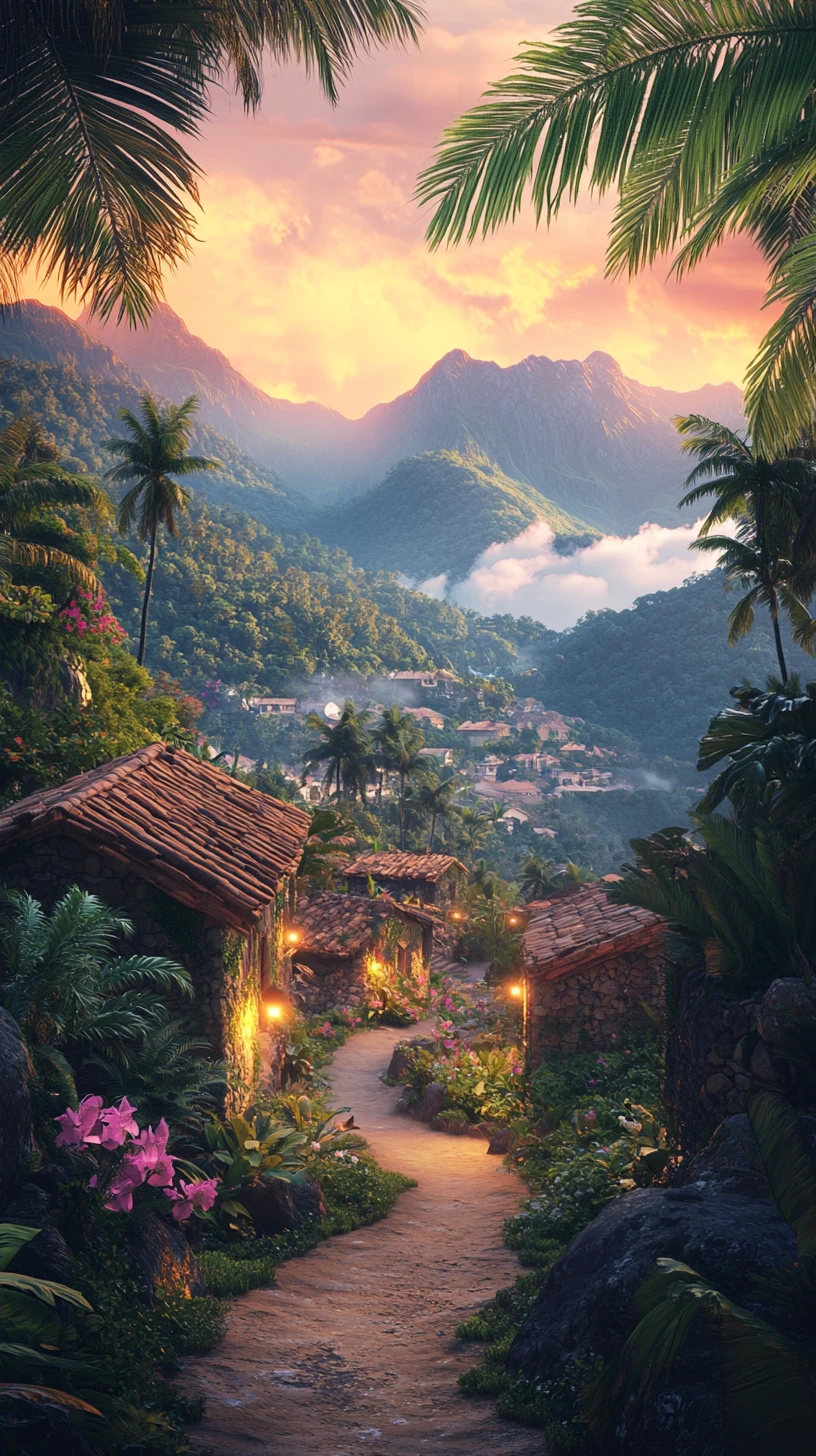 Sunset mountain village with stone houses and palm trees