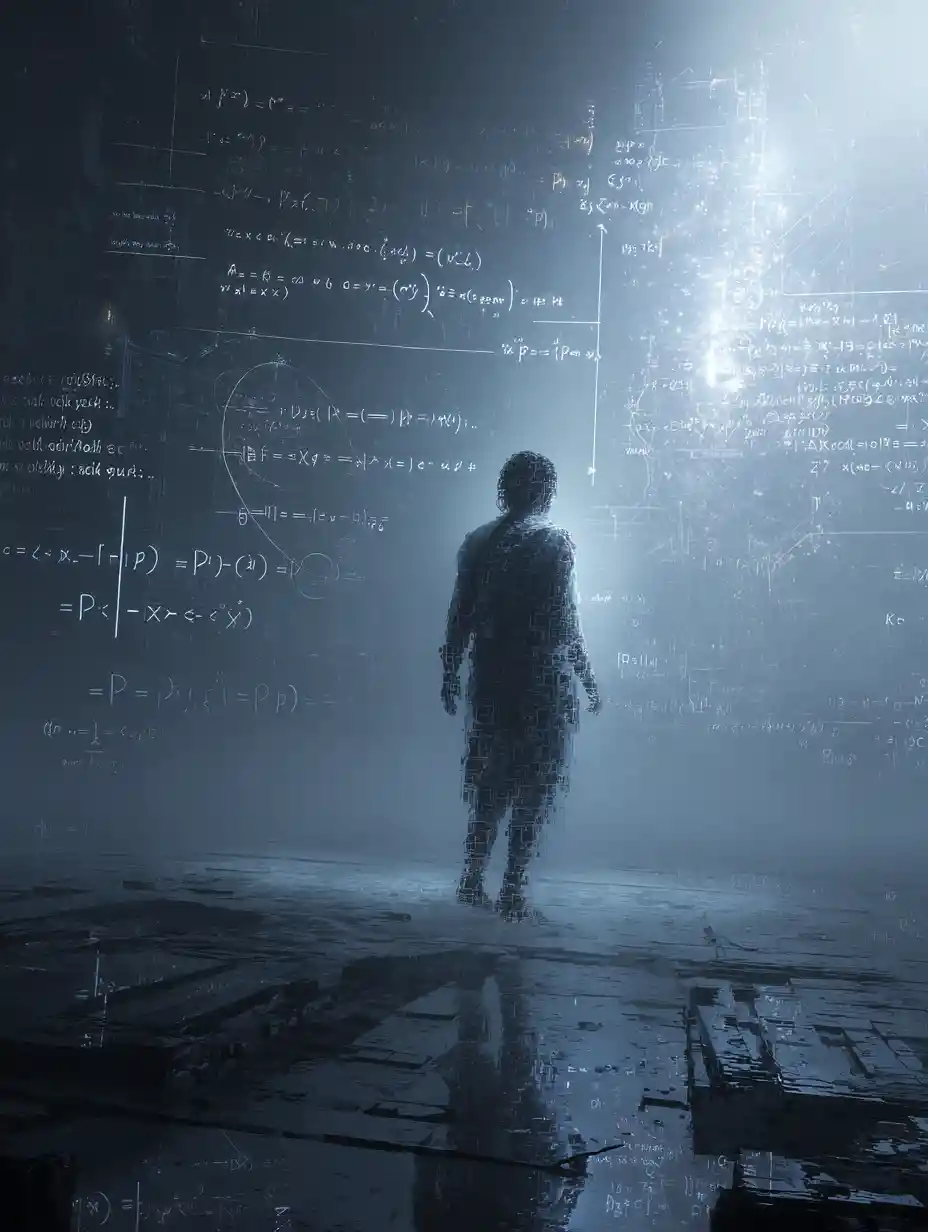 Figura solitaria en un vacío cósmico lleno de datos abstractos
