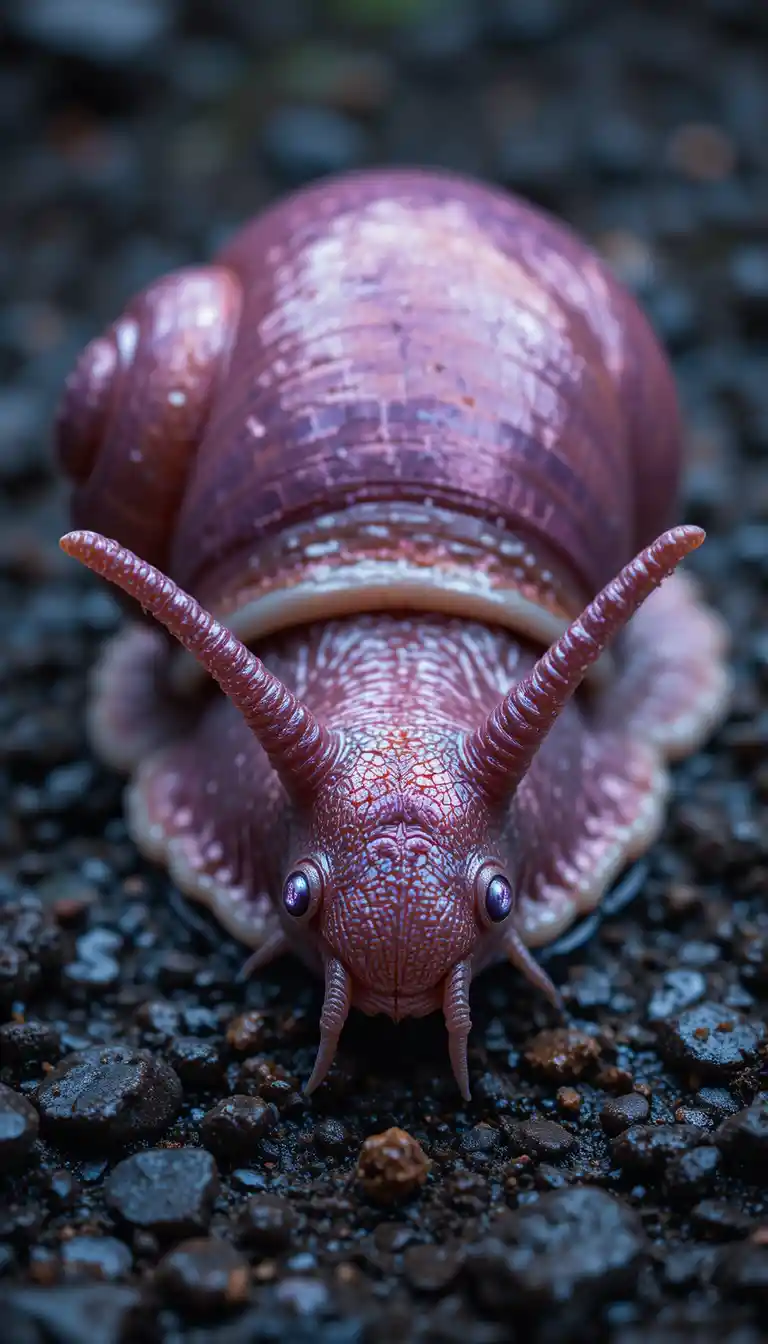 Metallisch pinke Schnecke mit großen violetten Augen auf nassem Kies