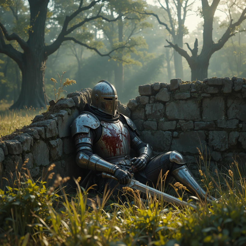 Wounded armored knight resting against a crumbling wall